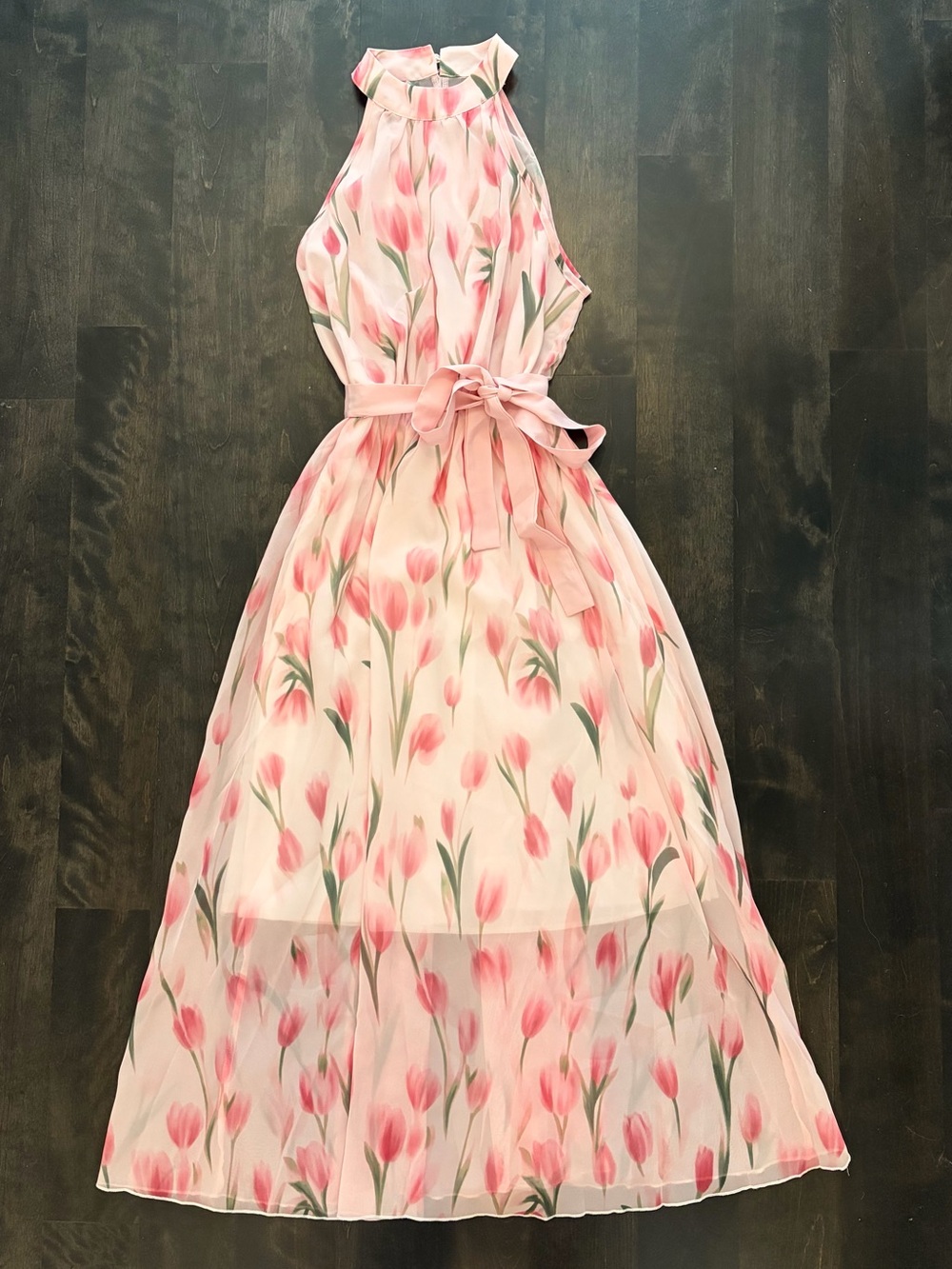 Girls Pink Floral Halter Tie-Waist Dress